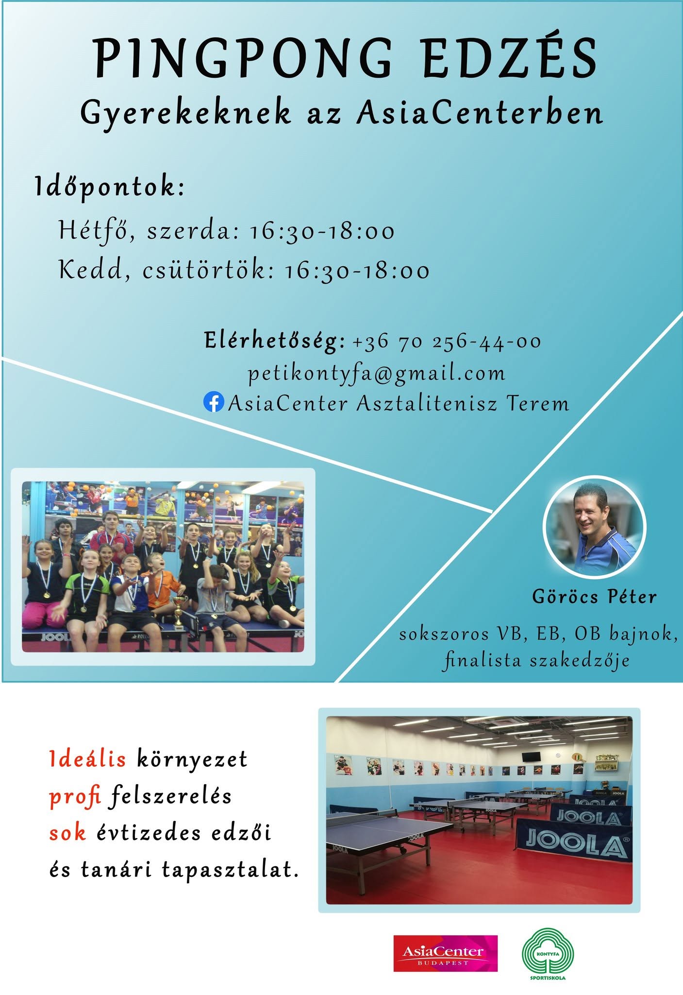 Pingpong edzés gyerekeknek – edzésidőpontokat és kapcsolatot bemutató tájékoztató